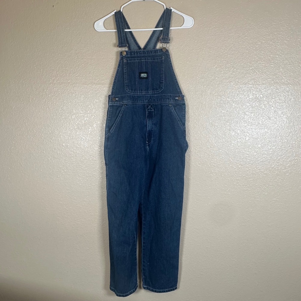 Vintage Key Bib Overalls Youth Size 12 Blue Denim Carpenter Pockets Kid Boy Girl